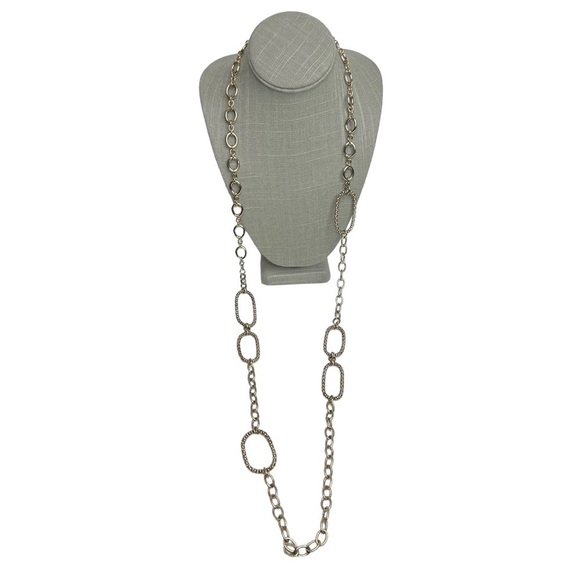 Gold Tone Asymmetrical Textured Oval Rings Chain Link Long Necklace - Picture 2 of 11